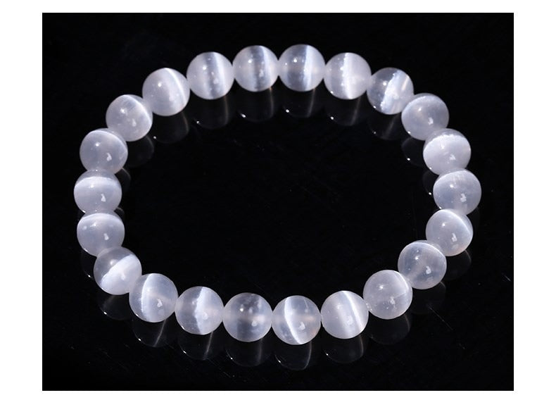 JD Natural White 6/8/10 mm Selenite Stone Bead Bracelet.