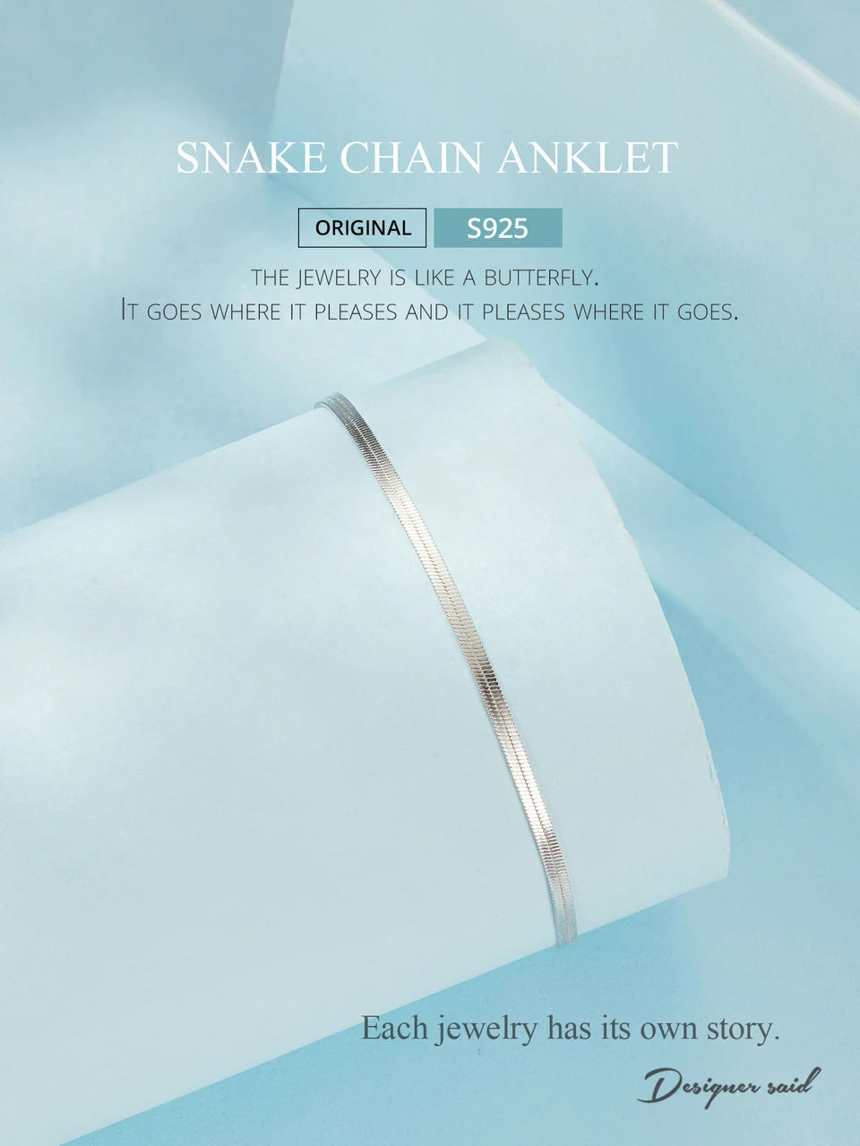 BAMOER 925 Sterling Silver Snake Adjustable Chain Anklet Bracelet