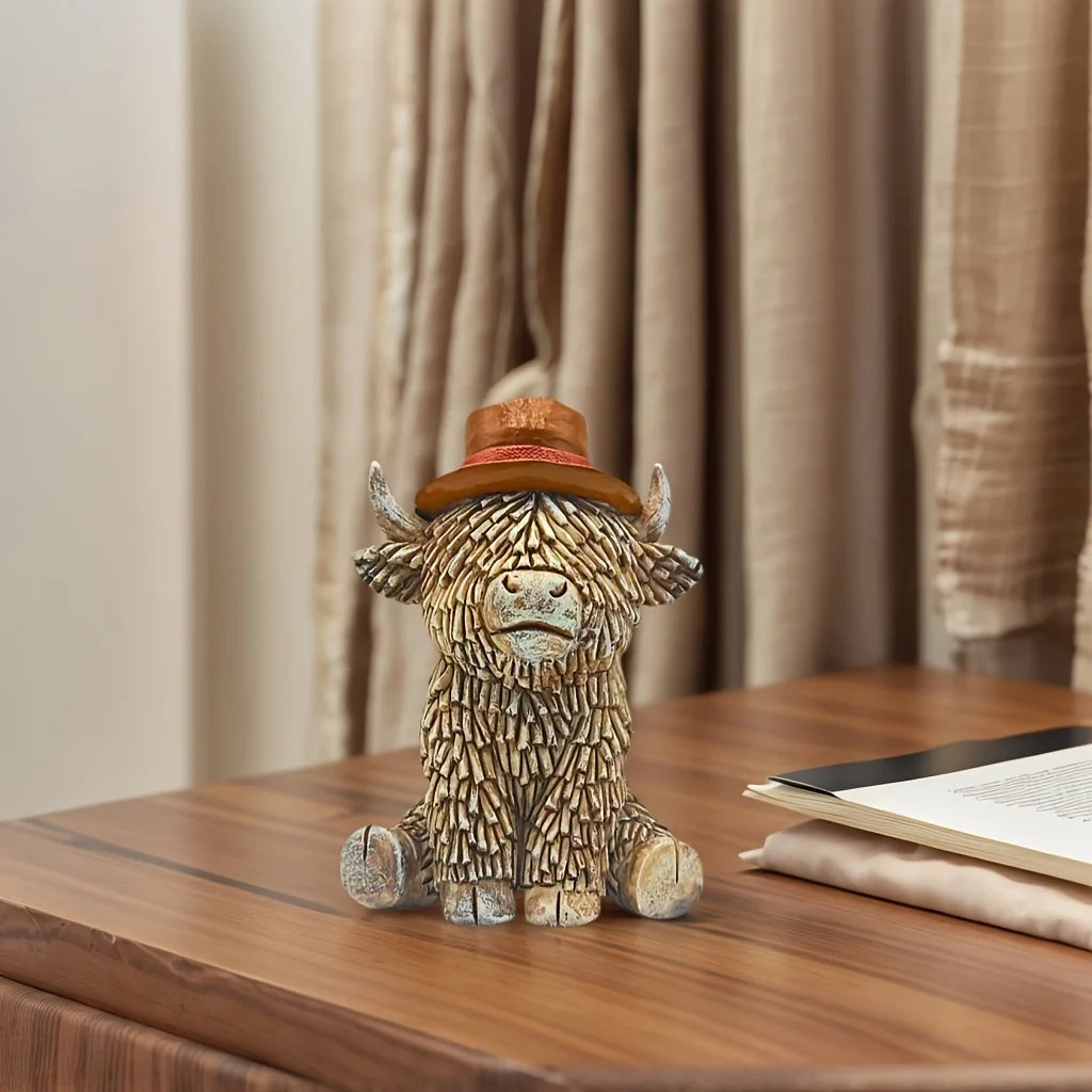 1 Piece of Western Cowboy-Style Highland Cow Statue