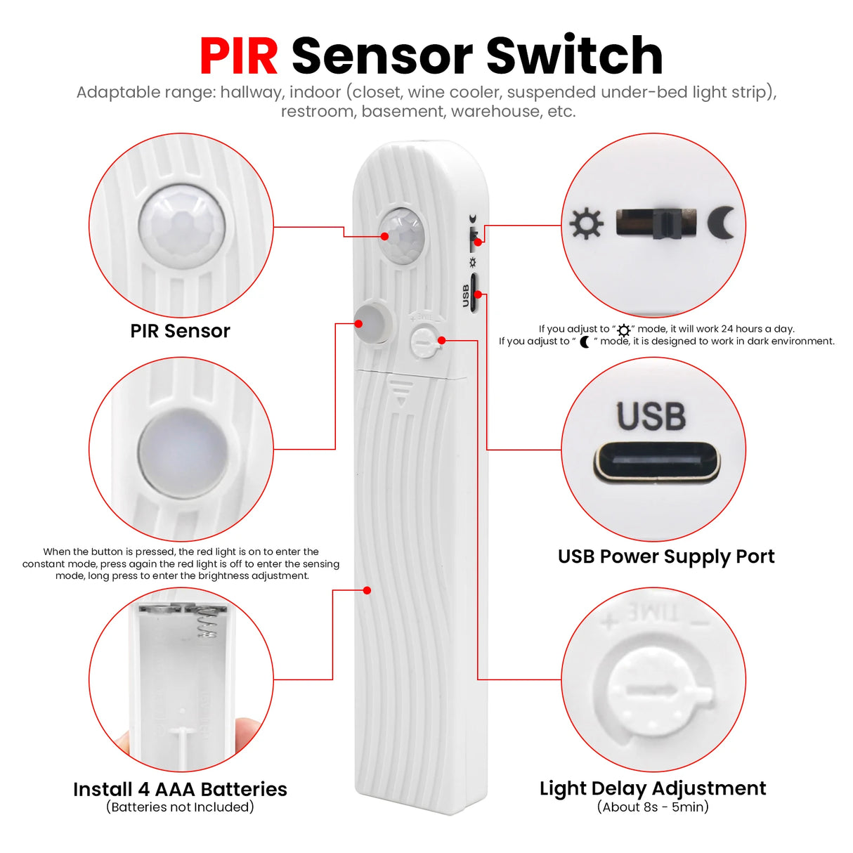 Battery Powered8MM COB Multi Color Led Strip 5V with Motion Sensor 320LEDs/M Led Induction