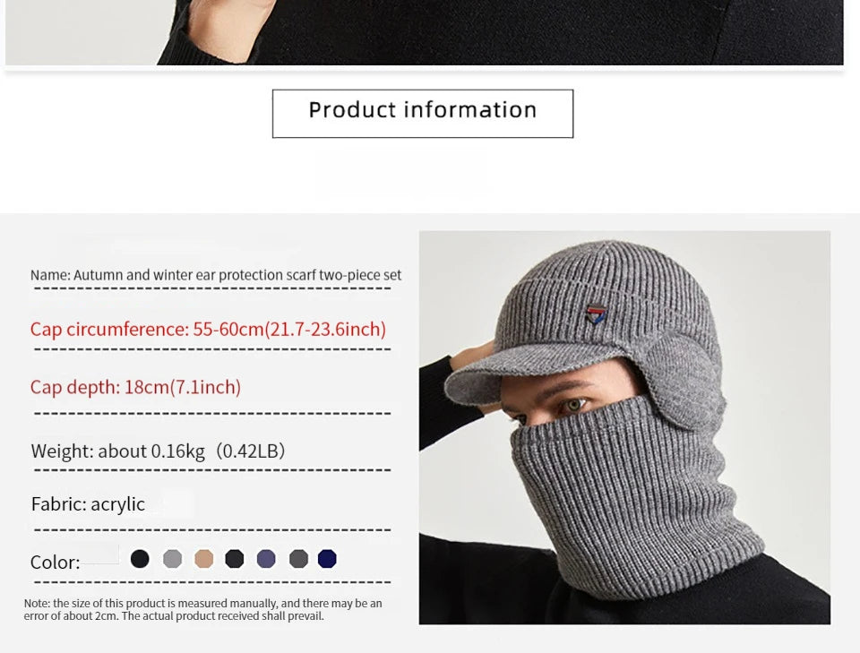 Men Or Women's Knitted Neck Scarf And Hat With Extra Ear Protection