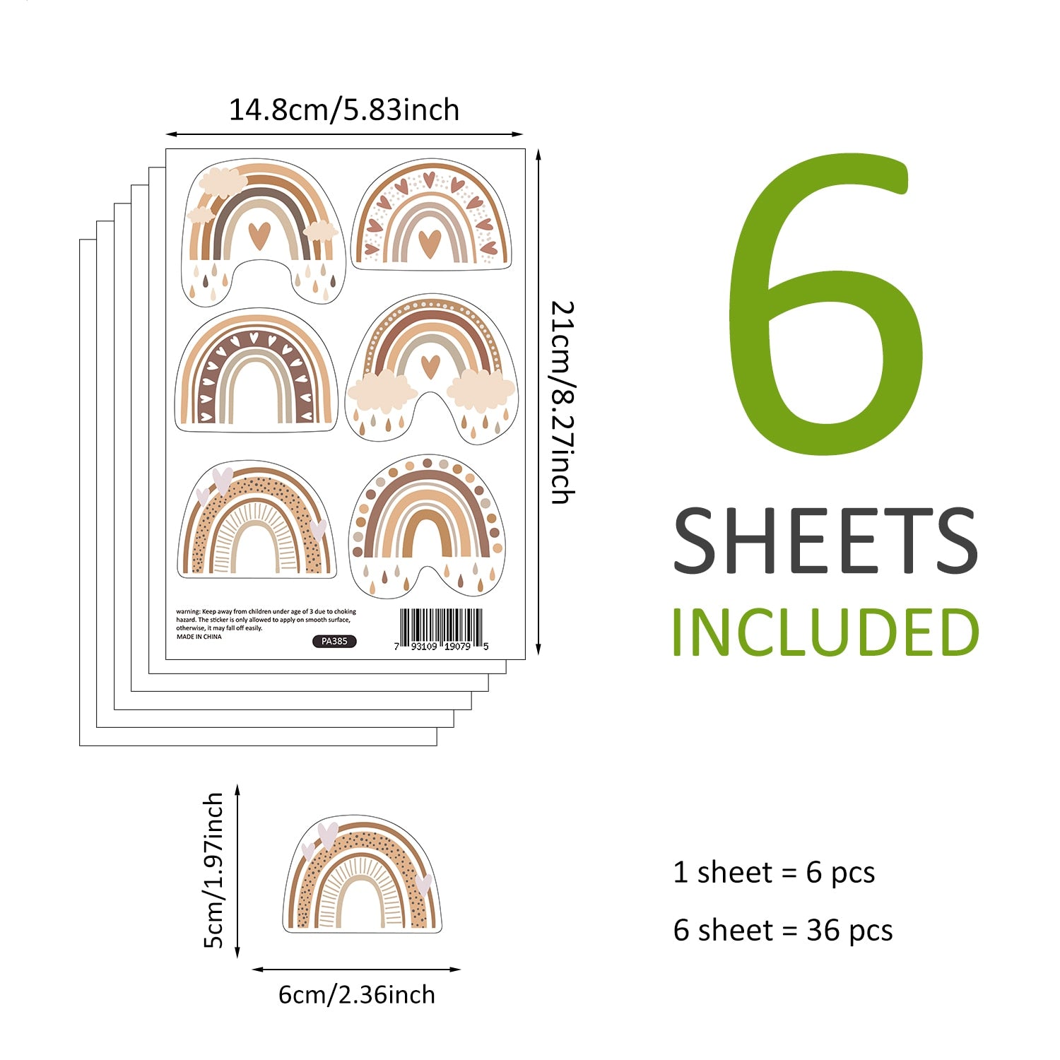 36 Pcs Rainbow Vinyl Decorative Wall Stickers.