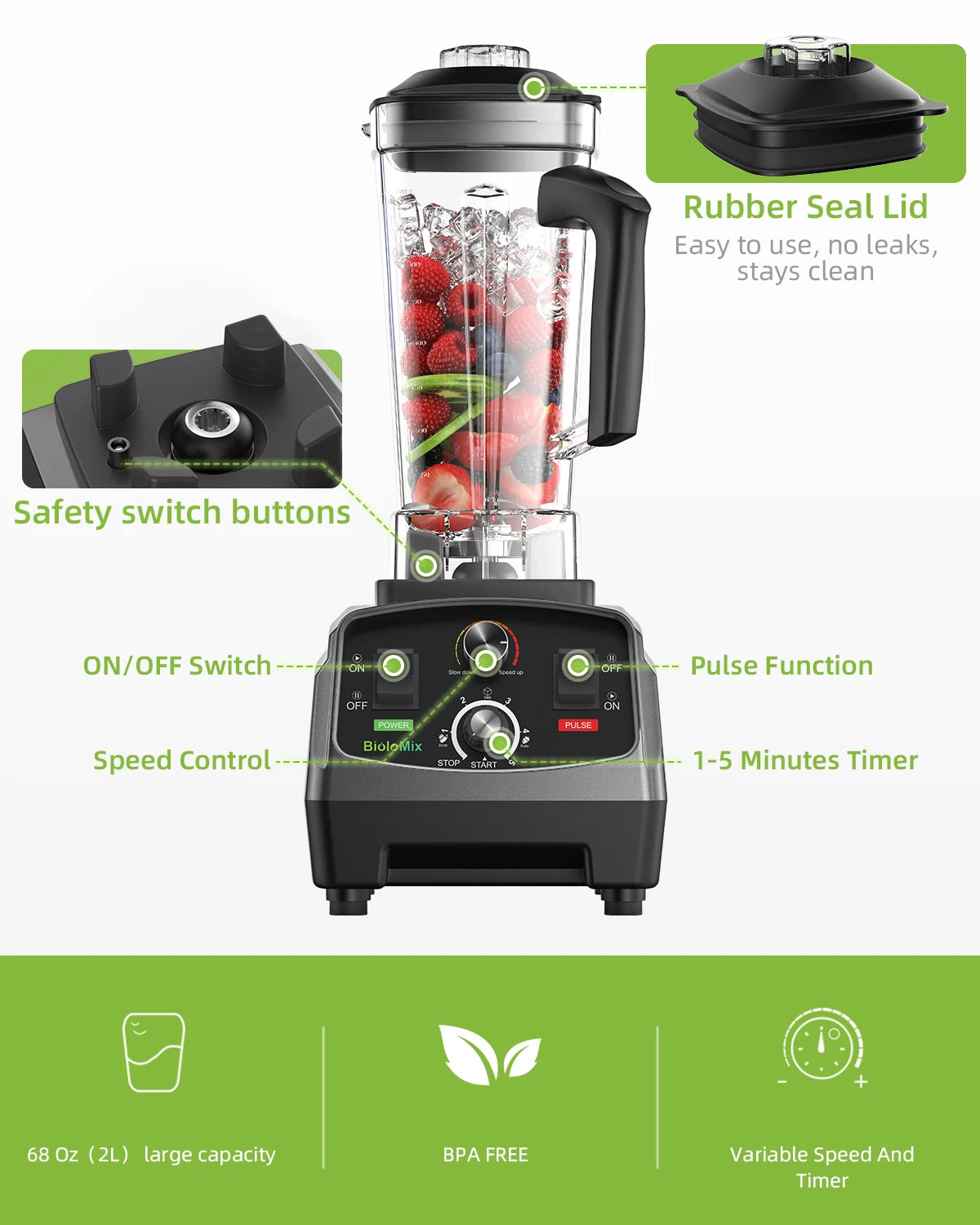 BioloMix 3HP 2200W Heavy Duty Commercial Grade Blender With BPA Free 2L Jar