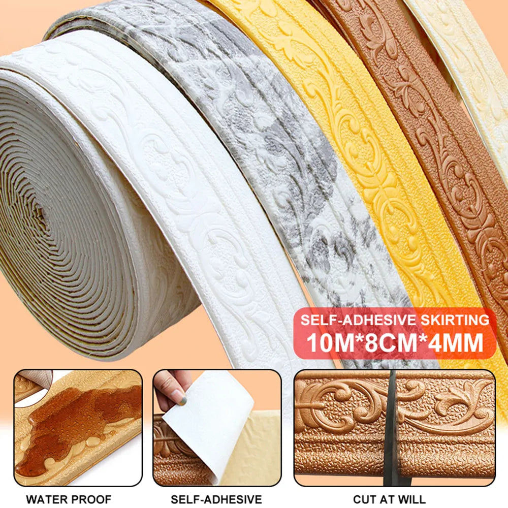 10m/Roll 3D Self-Adhesive Waterproof Vinyl Wall Trim For Skirting ,Border Or Baseboards  DIY R