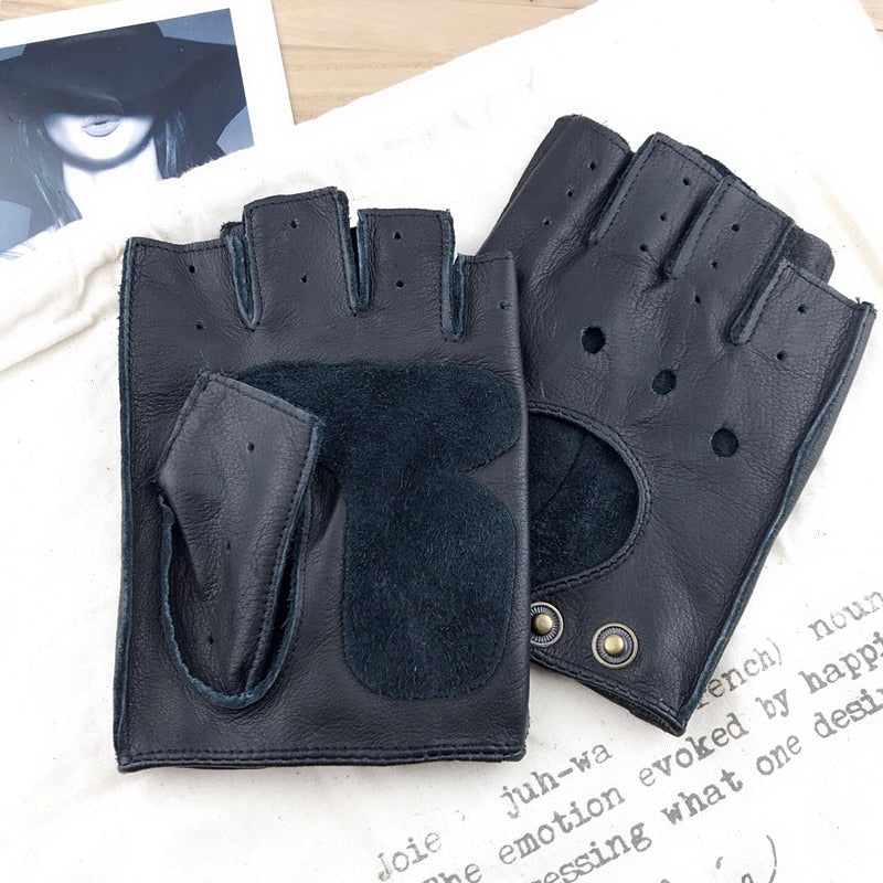 Leather Fingerless Gloves for Men And Women. Genuine Cowhide for Workout Fitness, Driving or Riding.