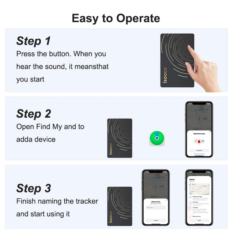 isooco Ultra-thin No Charging Wallet GPS Locator With Bluetooth Pairing Find My (IOS Only)