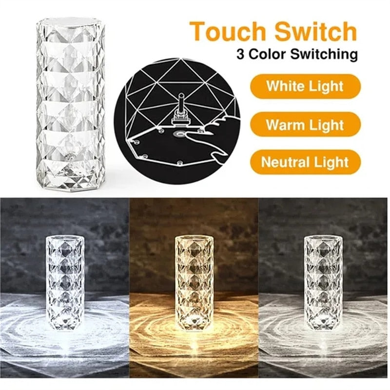 LED Crystal remote touch USB table lamp.  Romantic diamond color night light.