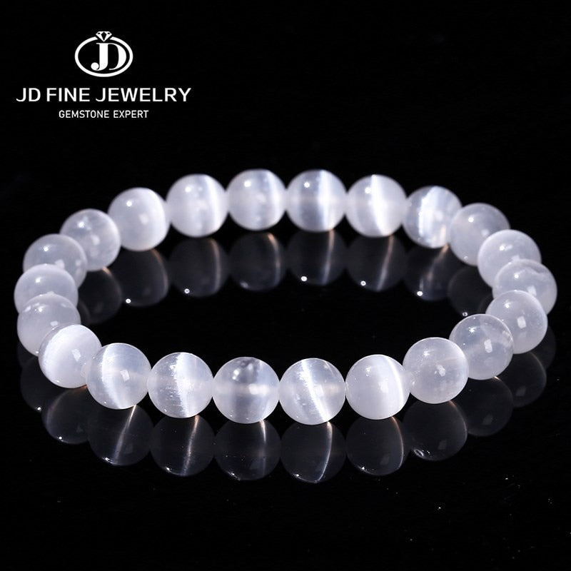 JD Natural White 6/8/10 mm Selenite Stone Bead Bracelet.
