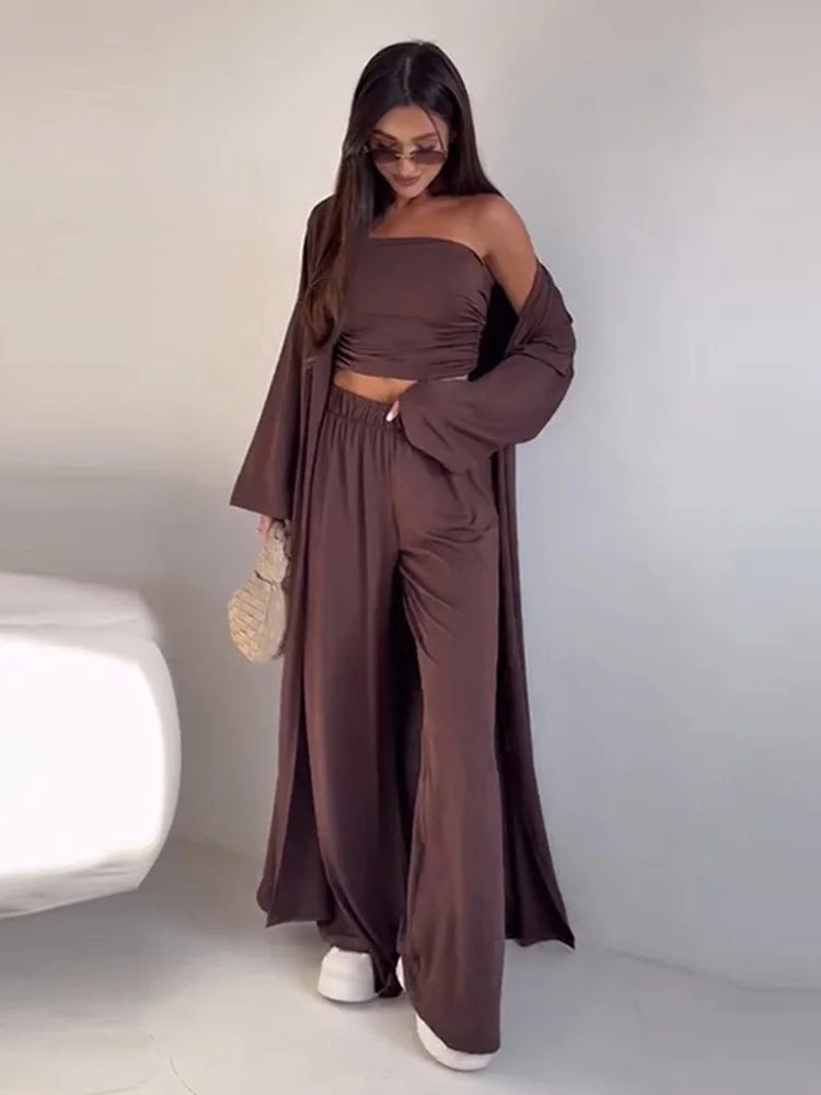 Women's 3 Piece Off Shoulder Sleeveless Cropped Tank Top With Elastic Wide Leg Pant And Long Cardigan