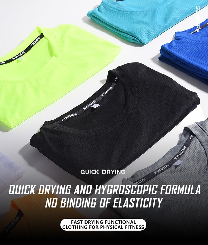 Men's multicolor short sleeve gym shirts. Quick drying, breathable sportswear