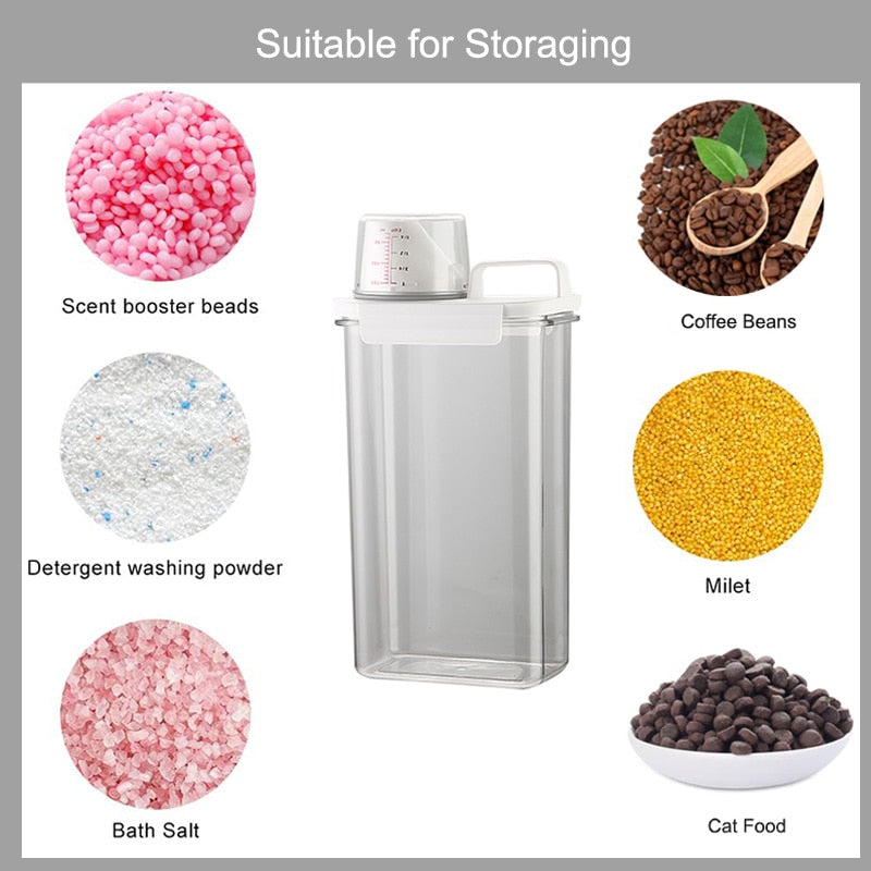 METKA Multipurpose Plastic Storage Container with Measuring Cup. Great for Laundry Powder, Cereal or Pet food.