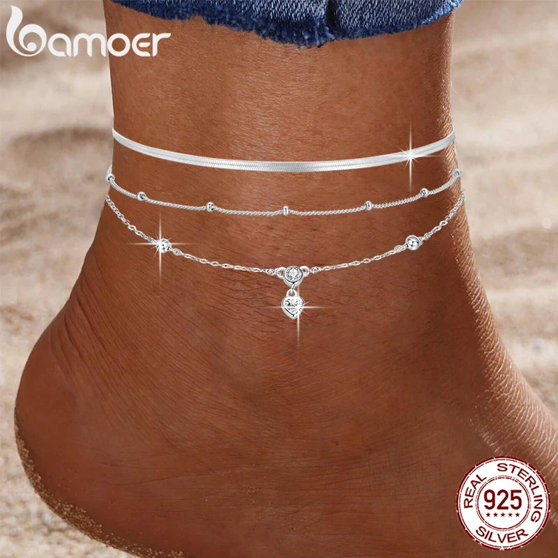 BAMOER 925 Sterling Silver Snake Adjustable Chain Anklet Bracelet