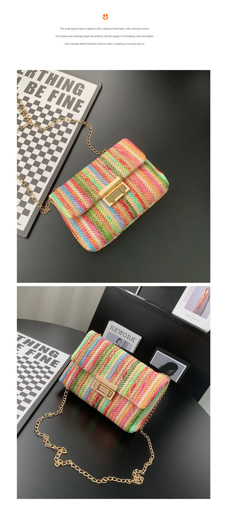 Women's Straw Rainbow Stripe Shoulder Crossbody Handbag With Chain Strap