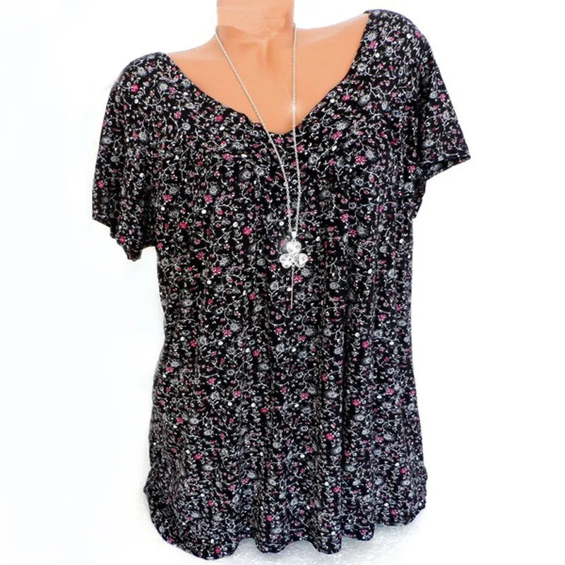 Women's V-Neck Printed Short Sleeve Tops