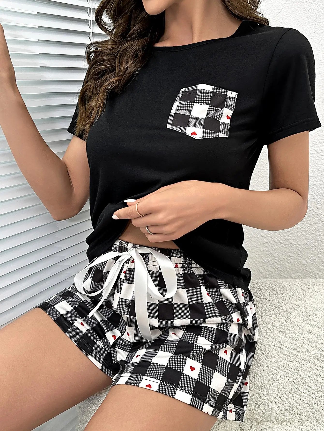 Women's Pajamas Set With Tee Shirt And Elastic Drawstring Shorts.