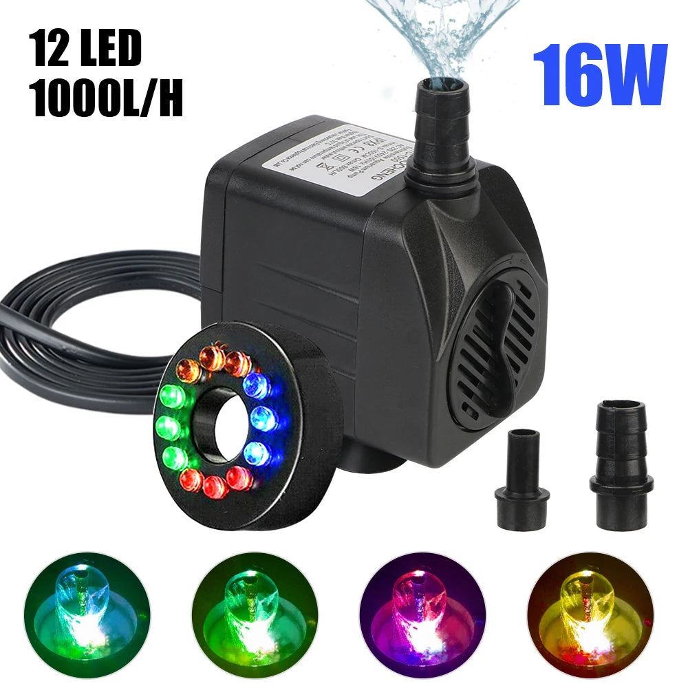 Submersible Ultra-quiet Water Pump With 12 LED Lights For Bird Baths Or Aquariums