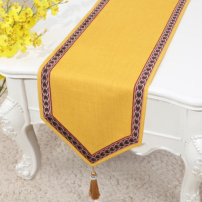 Rose Linen Table Runner With Tassels.