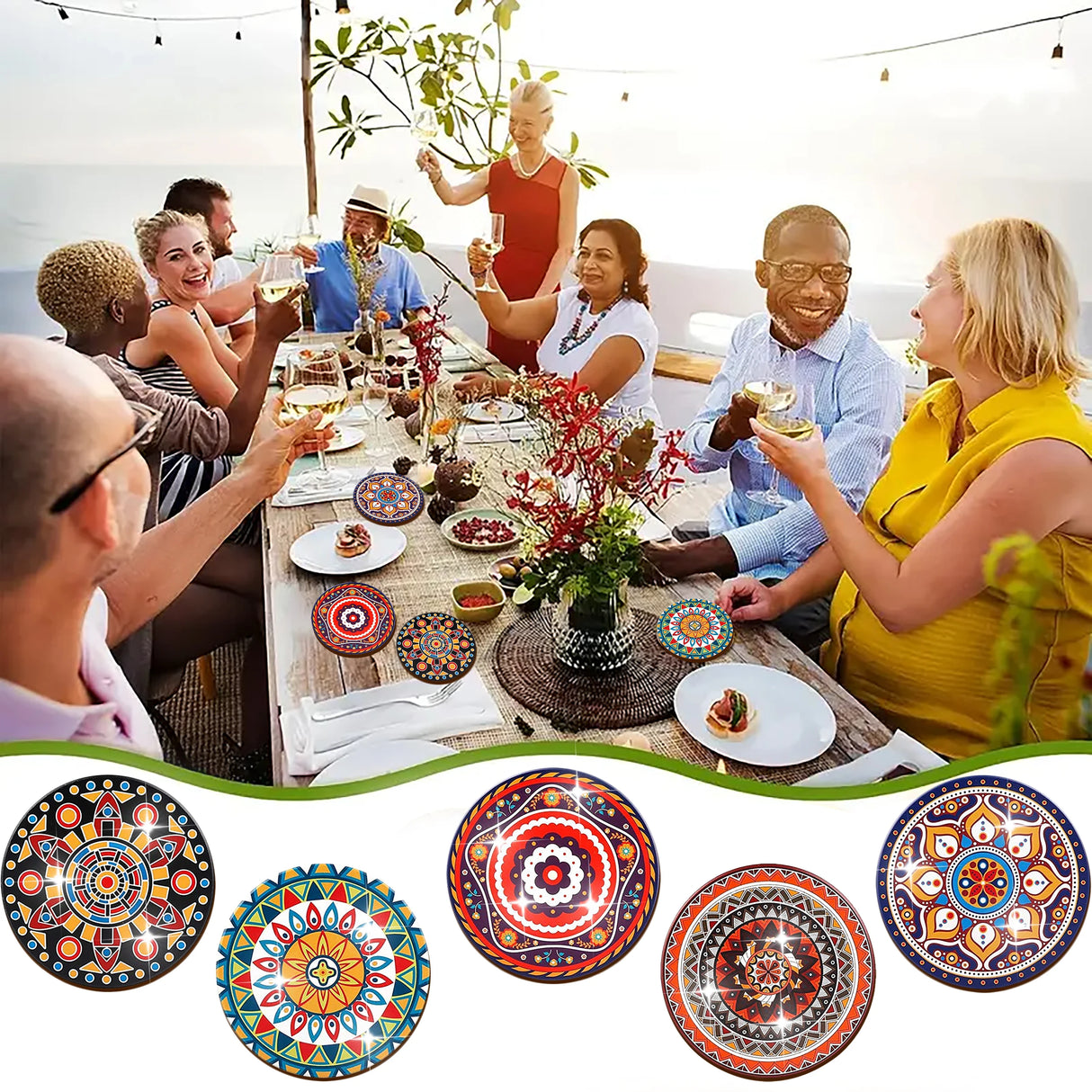 8 Pieces/Set Mandala Patterned Wooden Anti-Slip Coasters