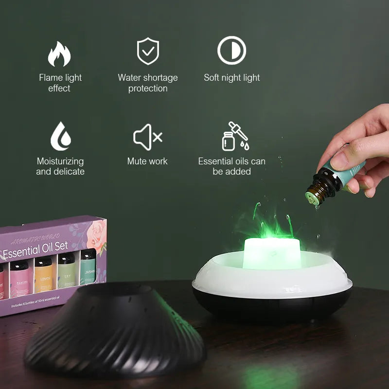 KINSCOTER USB Volcanic Aroma  Essential Oil Diffuser Air Humidifier with Color Flame Night Light