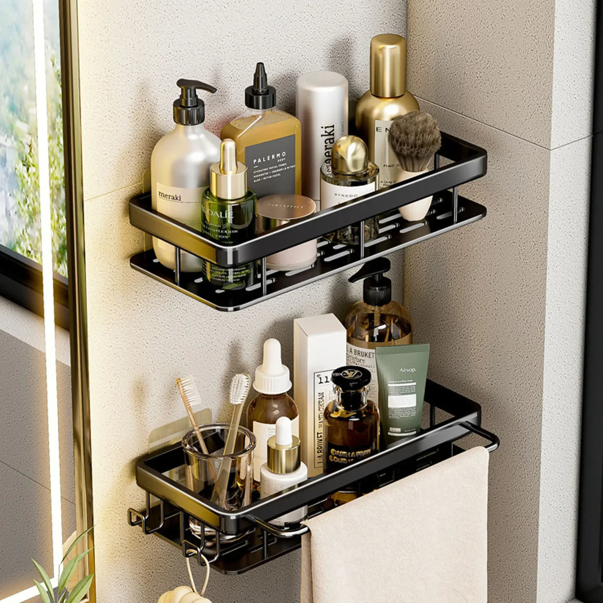 Metal Wall Mounted Bathroom/Kitchen Shelf With Adhesive Patch To Secure