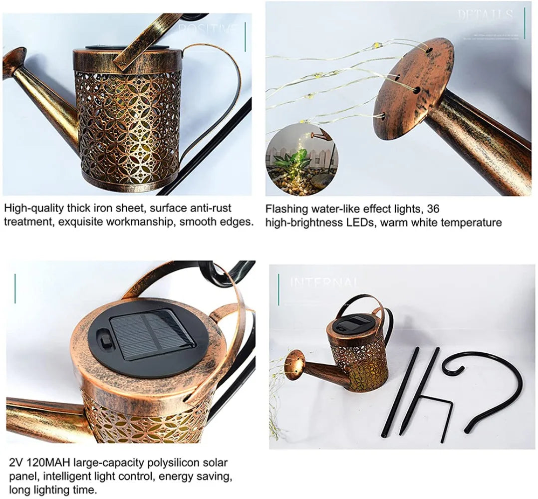 Solar Metal Waterproof Watering Can Garden Decor