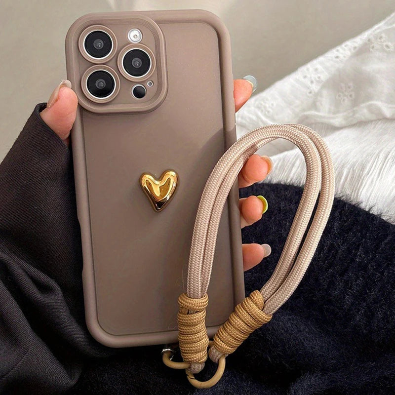 3D Golden Love Heart Soft Case With Strap For iPhone 16 17 Pro Max 15 14 13 12 11 Pro 16E 7 8 Plus