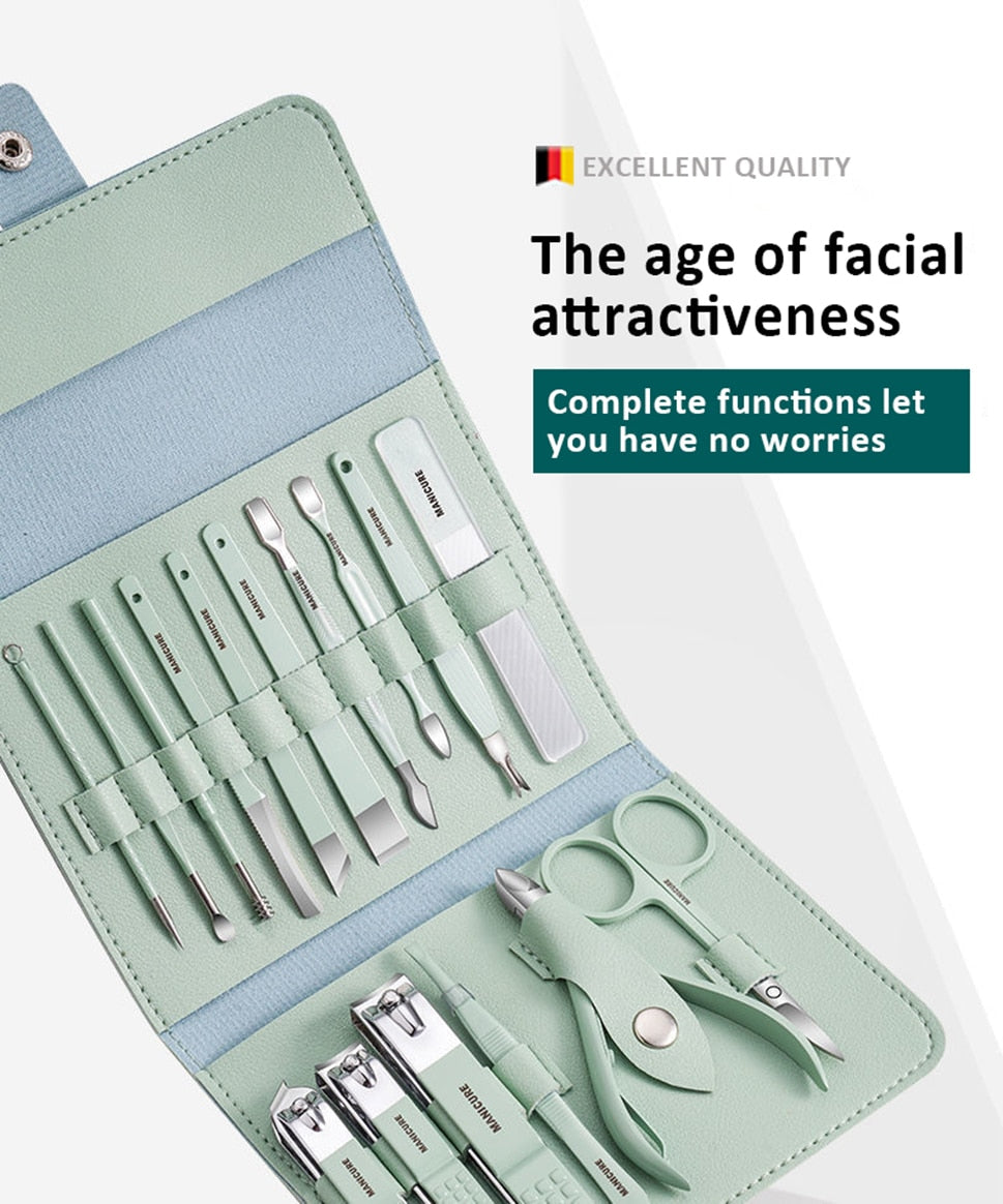 12 or 16 pcs Stainless Steel Manicure/Pedicure Set with Leather case.