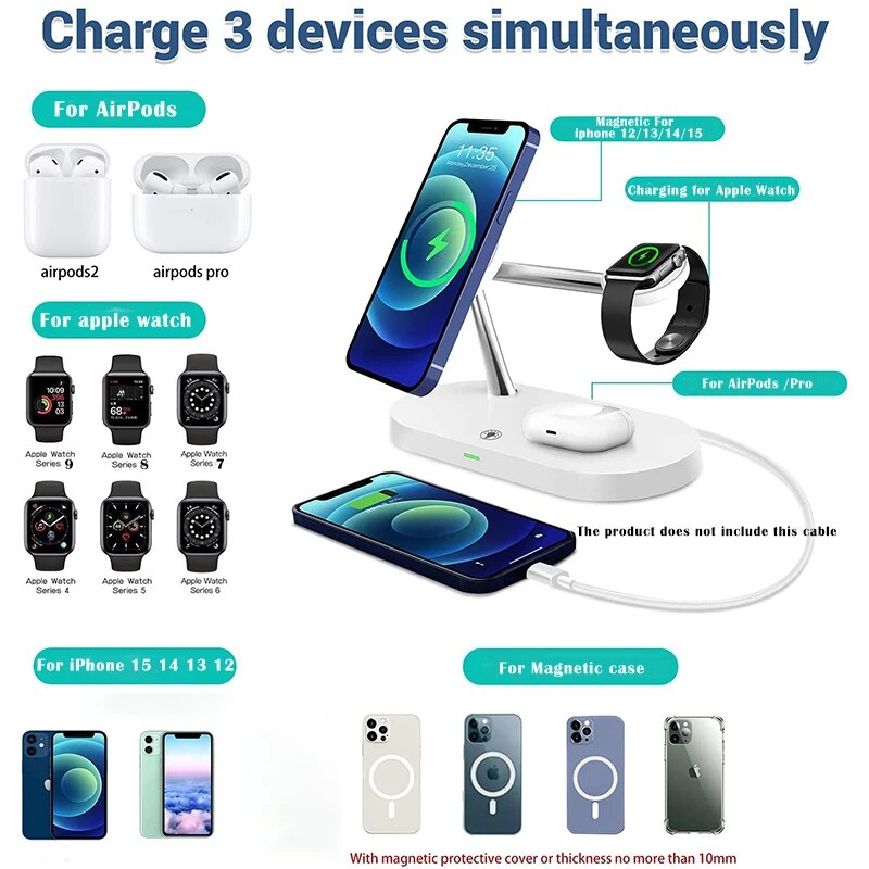 3 in 1 Wireless Charger For iPhone 15, 14, 13, 12 Pro Max for Apple Watch 5-9 & Airpods Pro 2 3.
