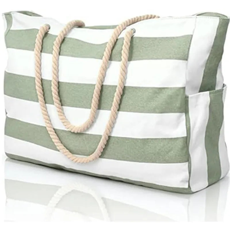Striped Waterproof Canvas Summer Beach Tote Bag With Zipper