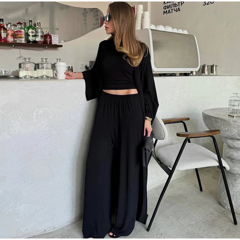 Women's 3 Piece Off Shoulder Sleeveless Cropped Tank Top With Elastic Wide Leg Pant And Long Cardigan
