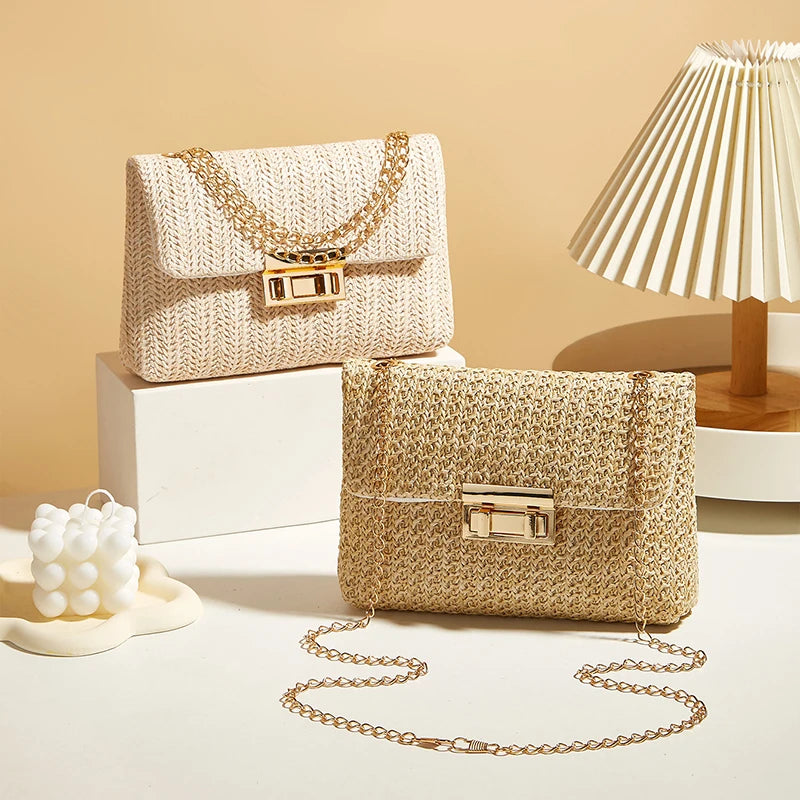 Women's Woven Straw Shoulder Bag With Chain Strap and Buckle Clutch Closure