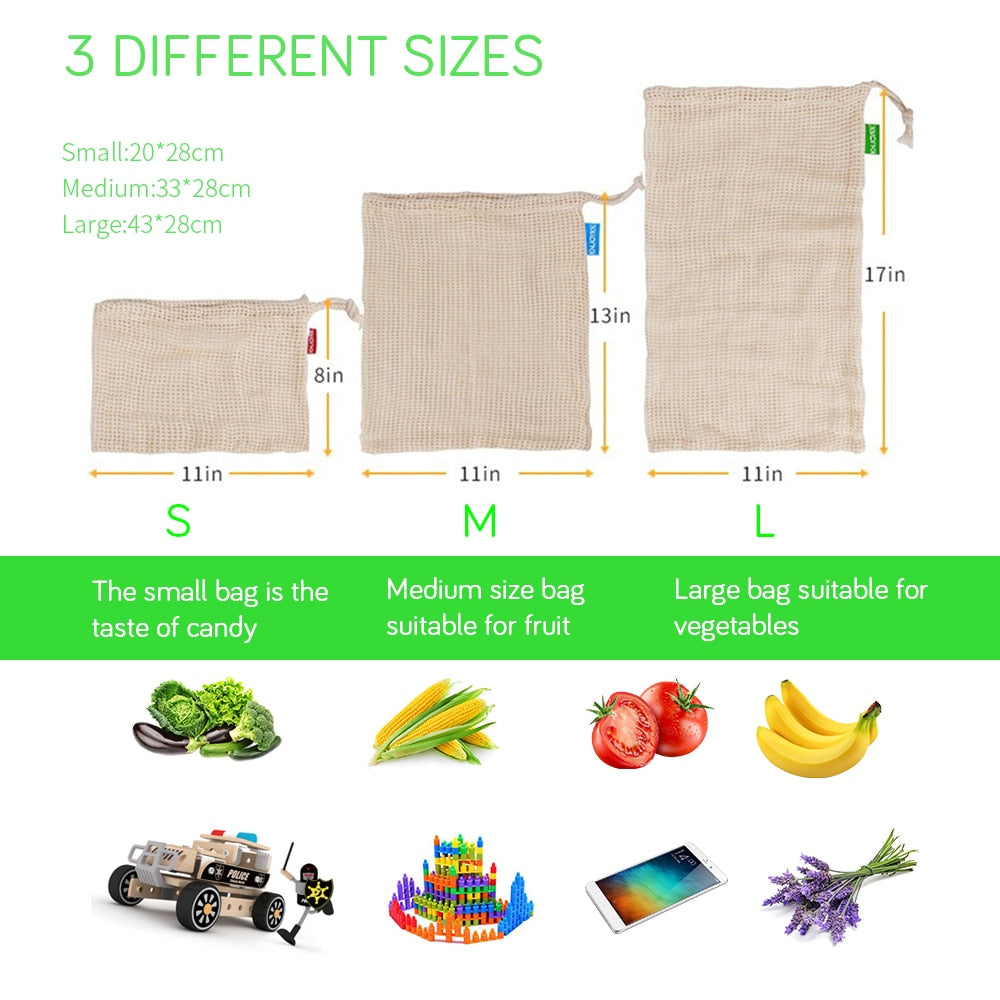 Reusable Cotton Mesh Produce Bags for Vegetables/ Fruit.