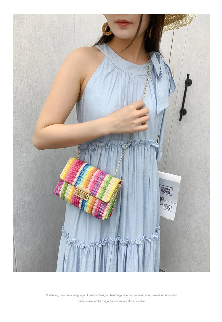 Women's Straw Rainbow Stripe Shoulder Crossbody Handbag With Chain Strap