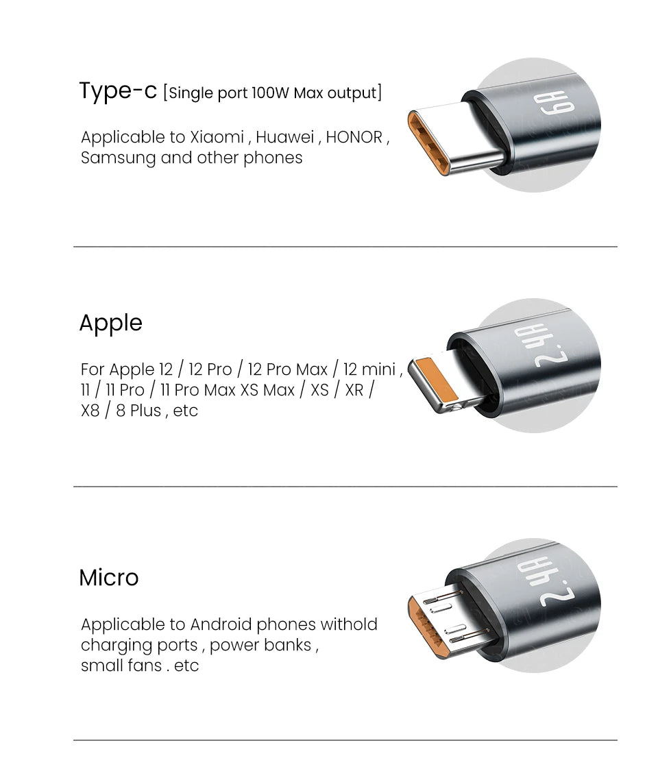 3in1 Retractable Fast Charge USB To 8 pin/Type C 6A 100W USB Cable for iPhone 14 13 12 Pro Max
