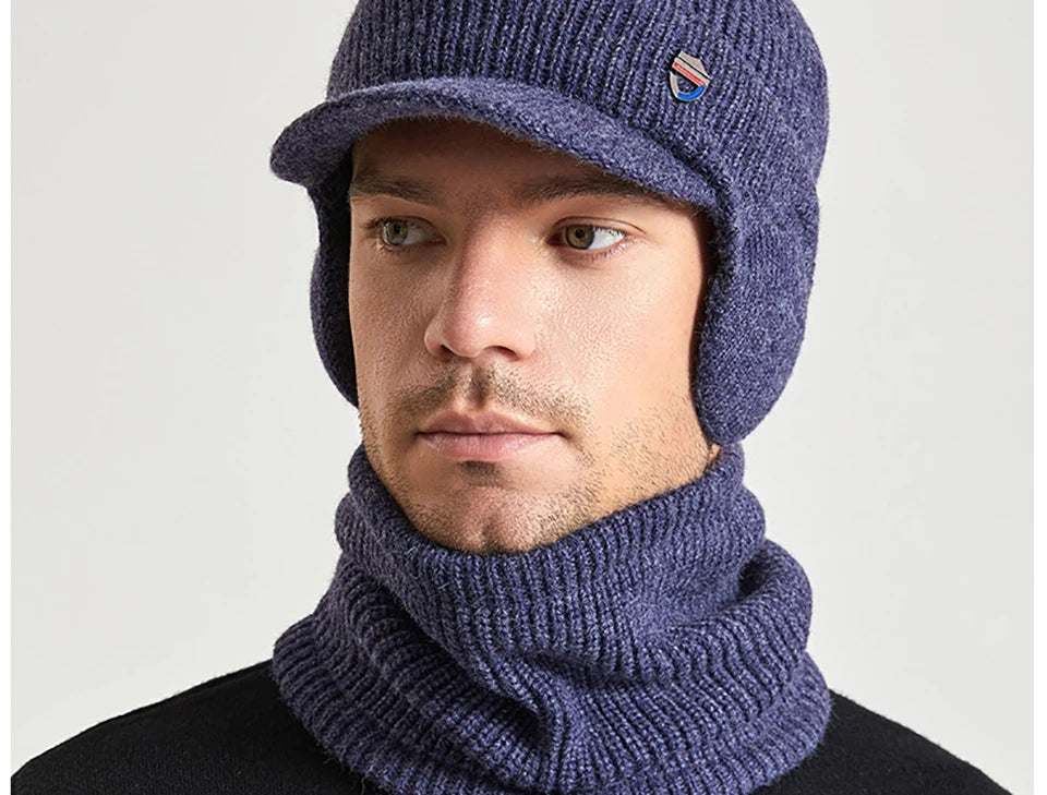Men Or Women's Knitted Neck Scarf And Hat With Extra Ear Protection