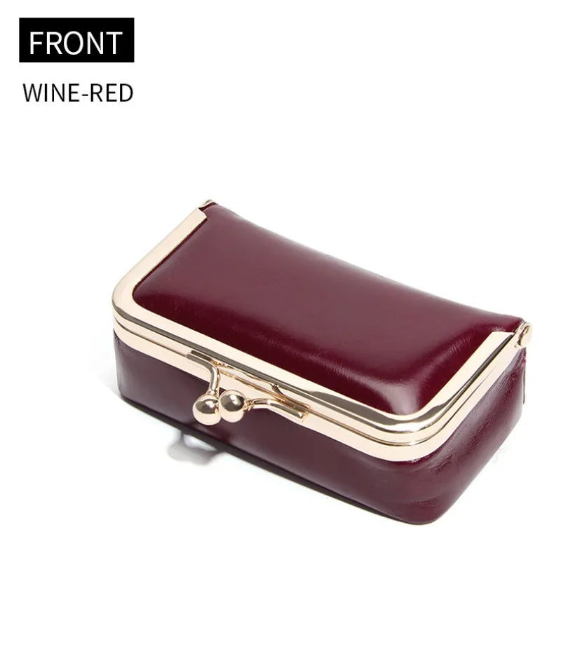 Compact Genuine Leather Kiss-Lock Mini Accessorie Pouch