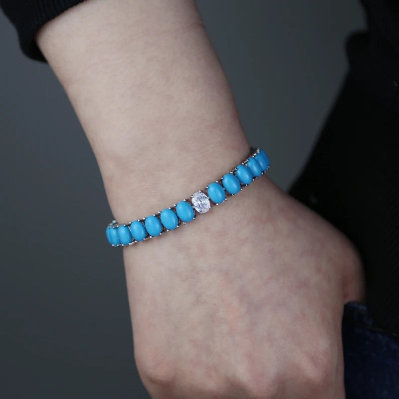 17-19CM Platinum Plated Turquoise Blue With White CZ Stone Tennis Bracelet