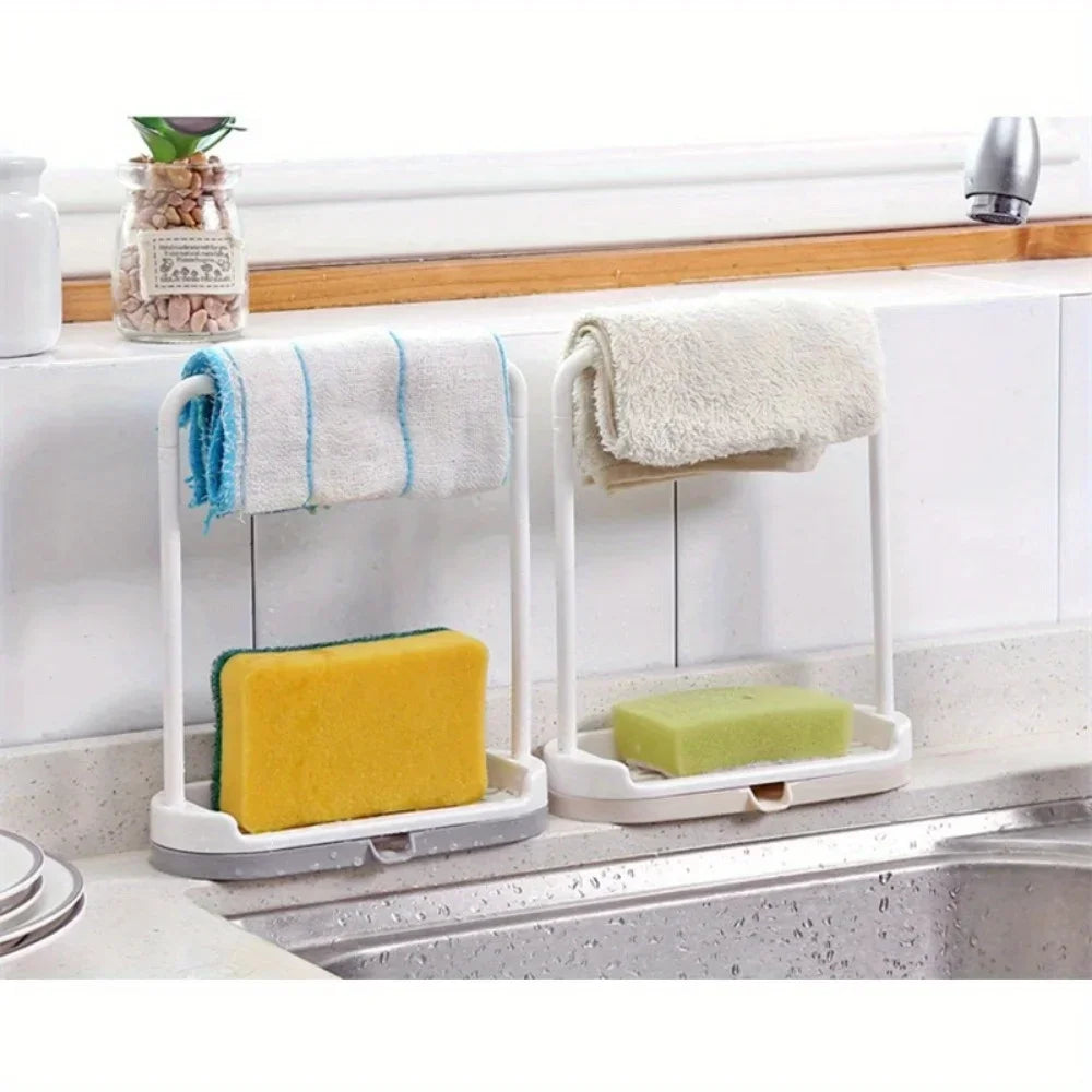 1PC Plastic Kitchen Towel Storage Rack With Sponge Drain Shelf