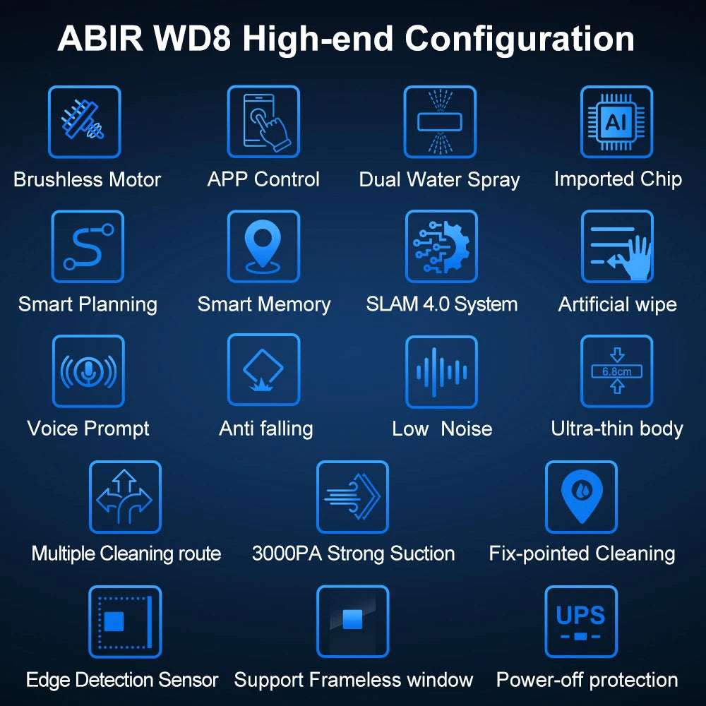 ABIR WD8 Wet Or Dry Robot Window Vacuum Cleaner ,Laser Sensor By App & Remote Control