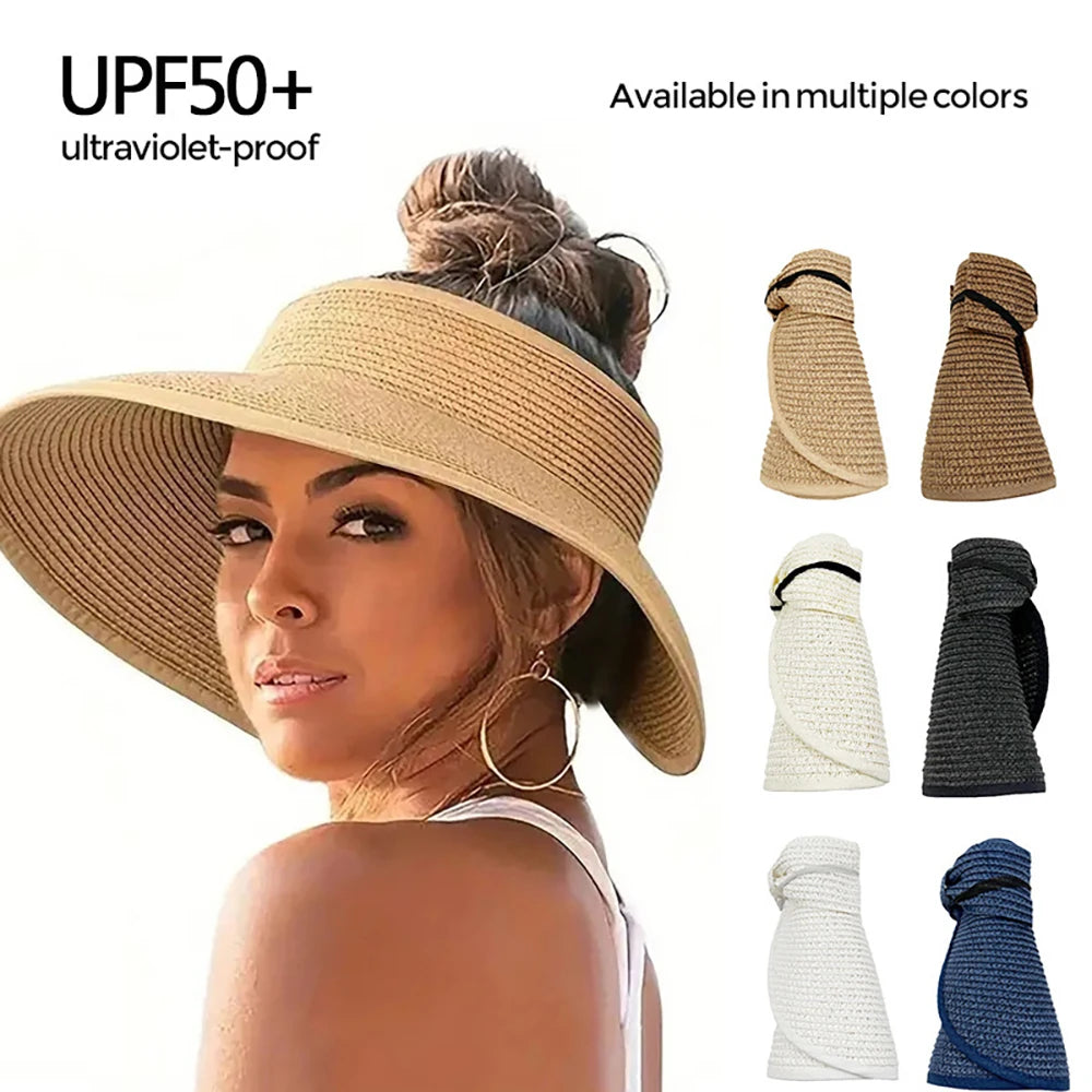 Women's Foldable Ponytail Straw Travel Sun Hat