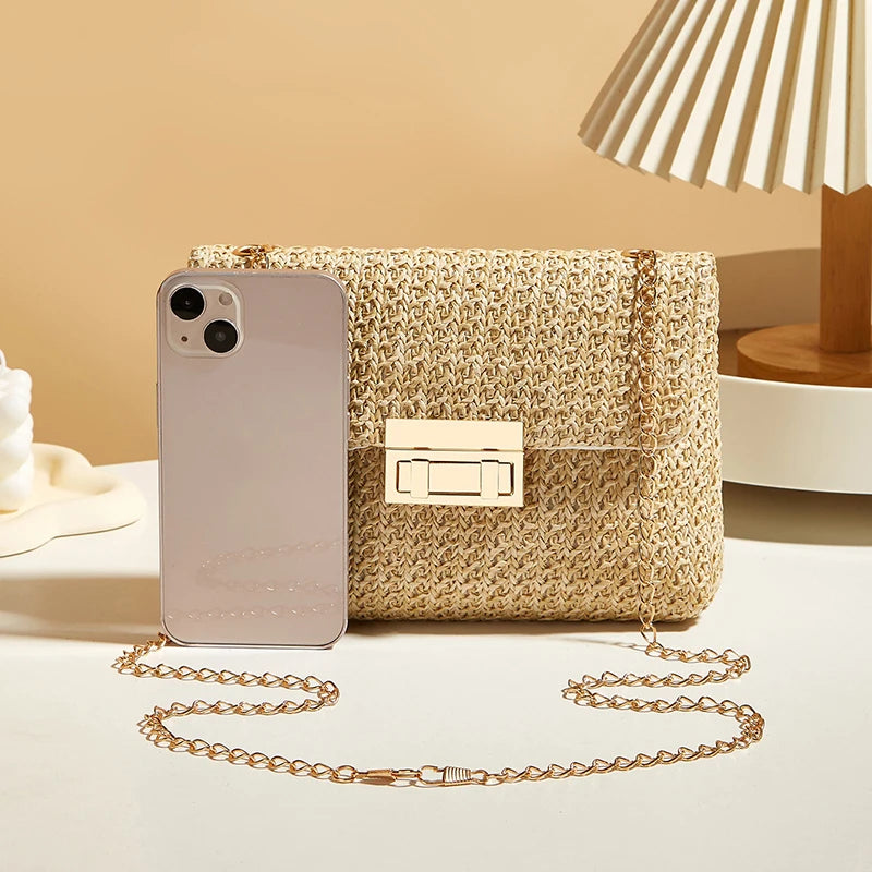 Women's Woven Straw Shoulder Bag With Chain Strap and Buckle Clutch Closure