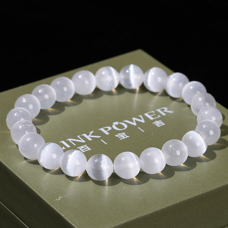 JD Natural White 6/8/10 mm Selenite Stone Bead Bracelet.