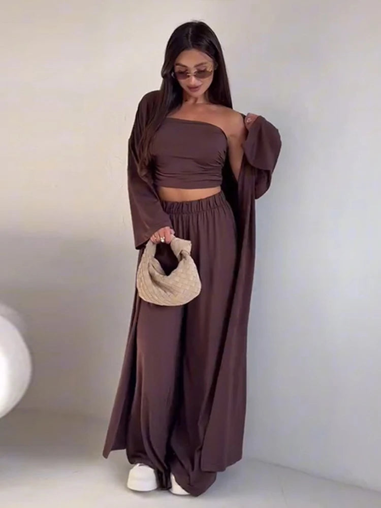 Women's 3 Piece Off Shoulder Sleeveless Cropped Tank Top With Elastic Wide Leg Pant And Long Cardigan