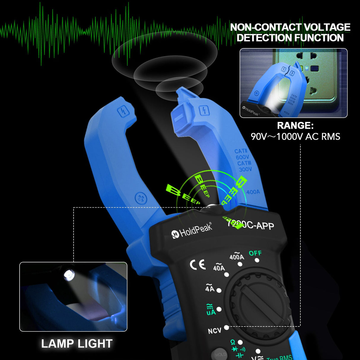 HOLDPEAK HP-7200C-APP Clamp Meter Multimeter 4000 counts with Smartphone APP,AC/DC TRUE-RMS LCD Display Lamp Light Data Hold