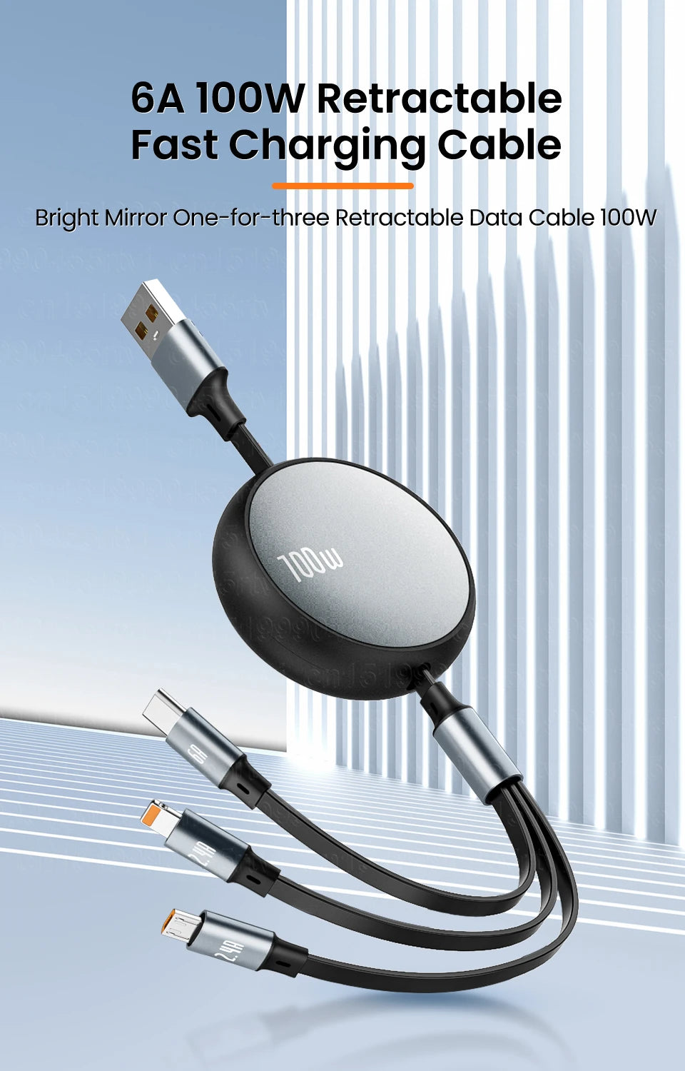 3in1 Retractable Fast Charge USB To 8 pin/Type C 6A 100W USB Cable for iPhone 14 13 12 Pro Max