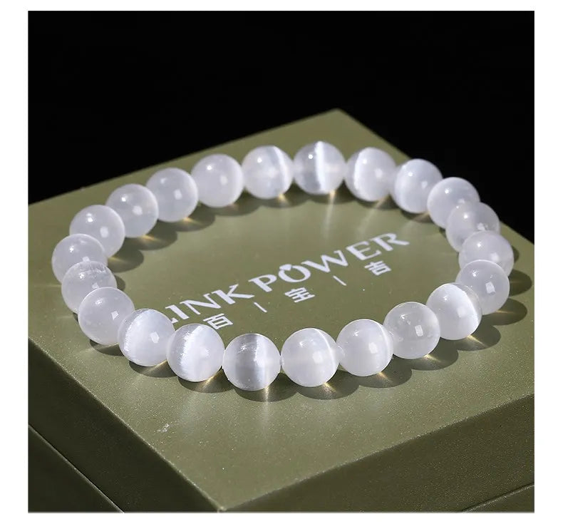 JD Natural White 6/8/10 mm Selenite Stone Bead Bracelet.