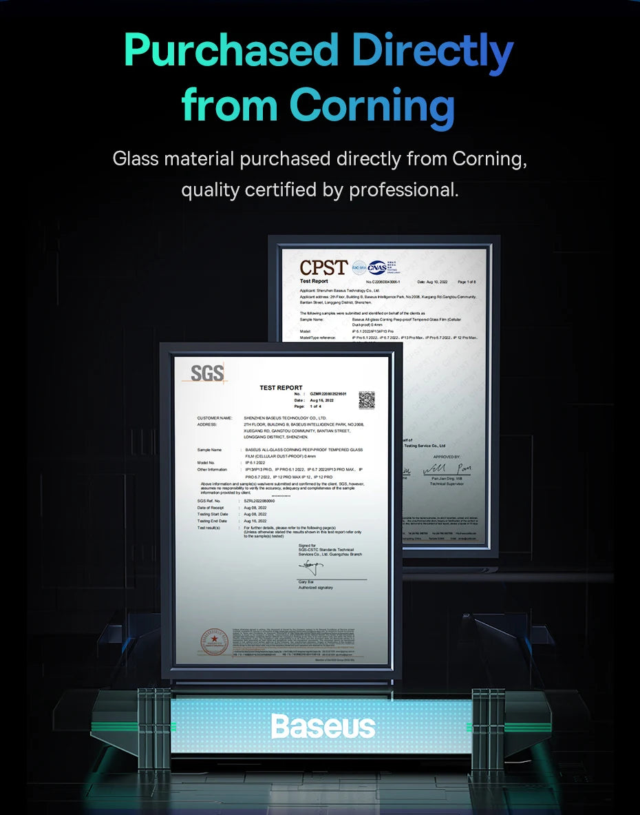 Baseus 0.4mm Corning Tempered Glass Screen Protector for iPhone 13 14 15 16 17 Pro Max Plus