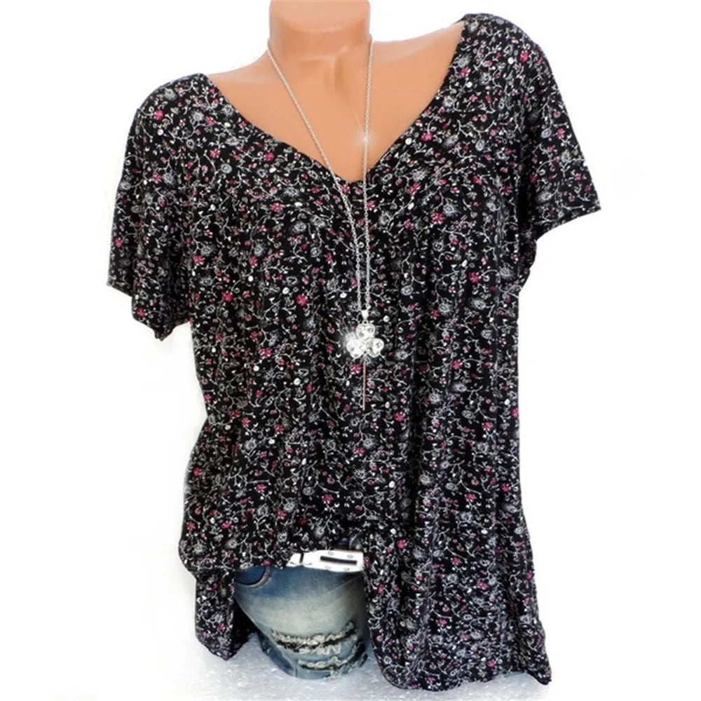 Women's V-Neck Printed Short Sleeve Tops