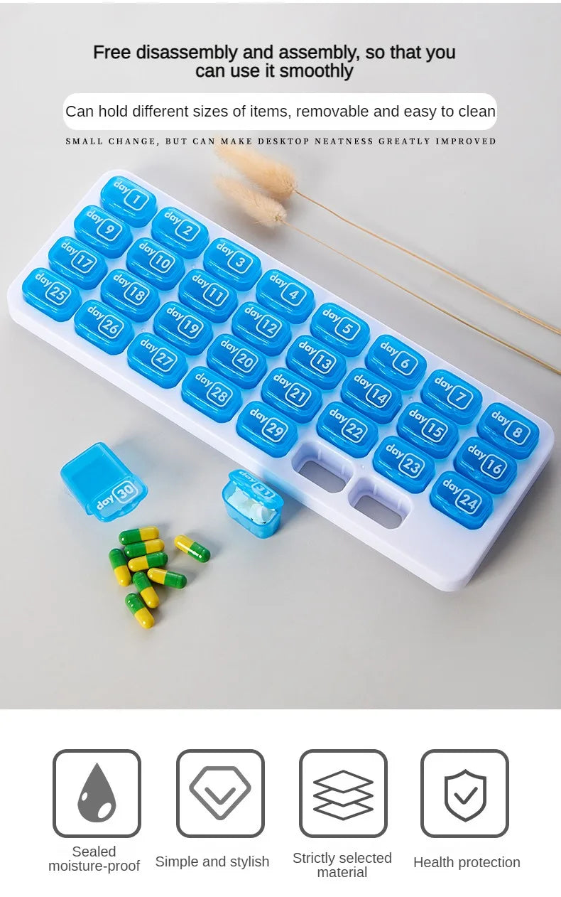 Portable 31 Days Medicine Box With Detachable Compartments