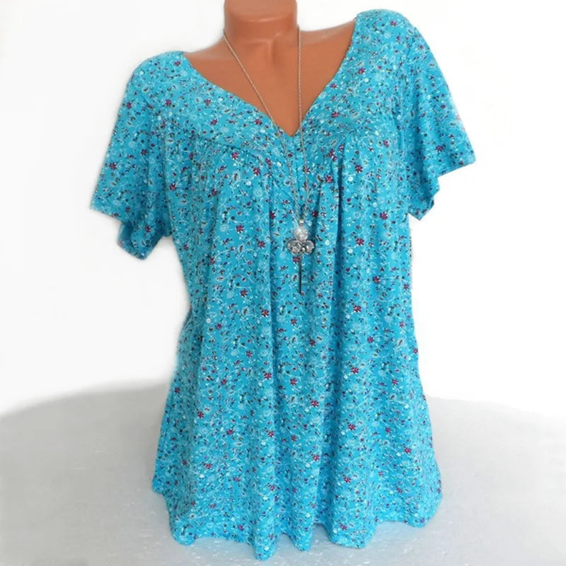 Women's V-Neck Printed Short Sleeve Tops